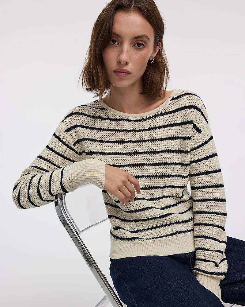 Pull rayé en mailles ajourées à manches longues