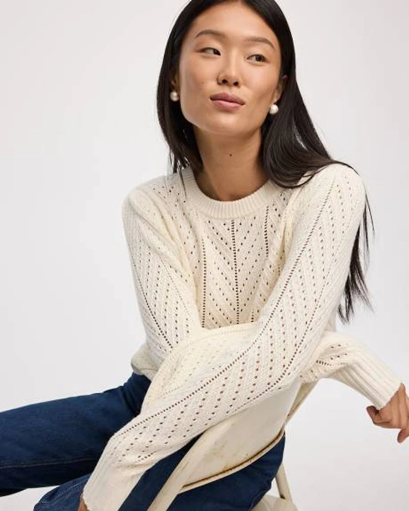 Long-Balloon-Sleeve Crew-Neck Pointelle Sweater