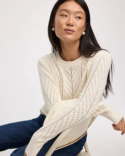 Long-Balloon-Sleeve Crew-Neck Pointelle Sweater