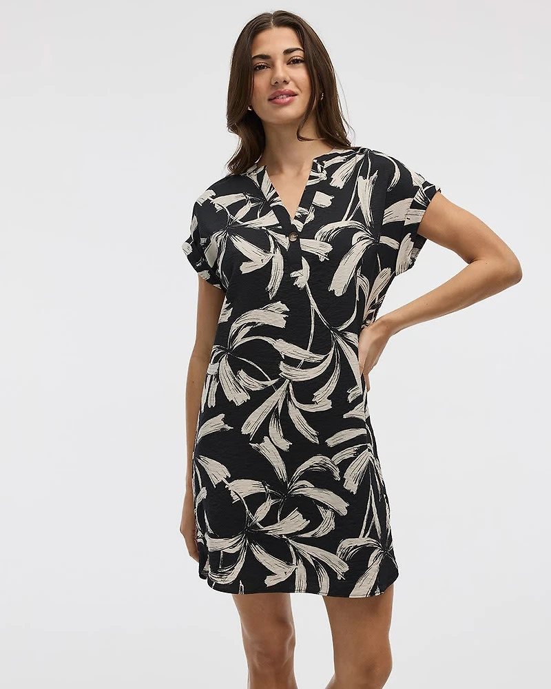 Extended-Sleeve Shift Dress with Split Neckline