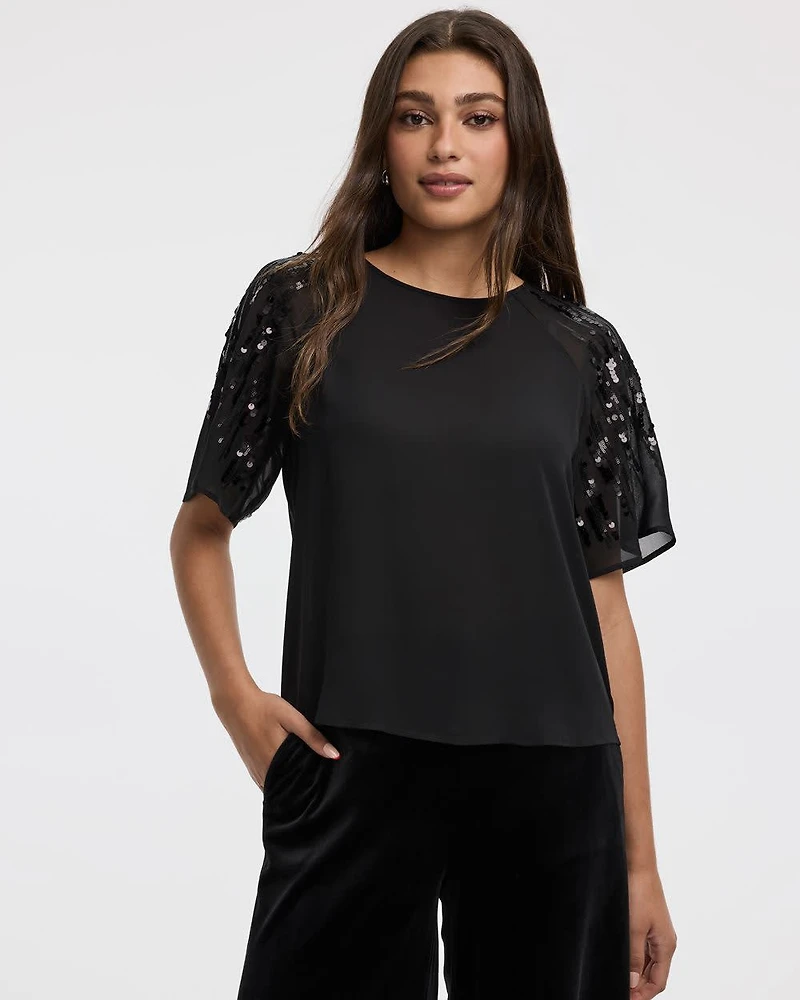 Crew-Neck Loose Blouse with Sequin Short Sleeves
