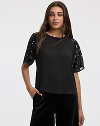 Crew-Neck Loose Blouse with Sequin Short Sleeves