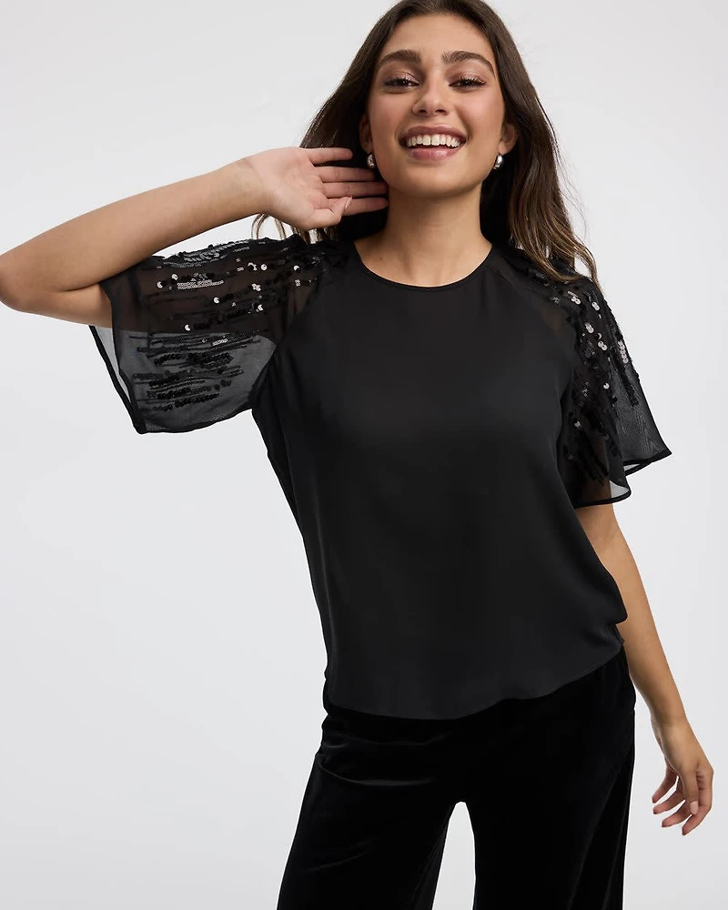 Crew-Neck Loose Blouse with Sequin Short Sleeves