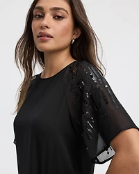 Crew-Neck Loose Blouse with Sequin Short Sleeves