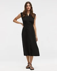 Cap-Sleeve Buttoned-Down Midi Dress with Cinched Waistband