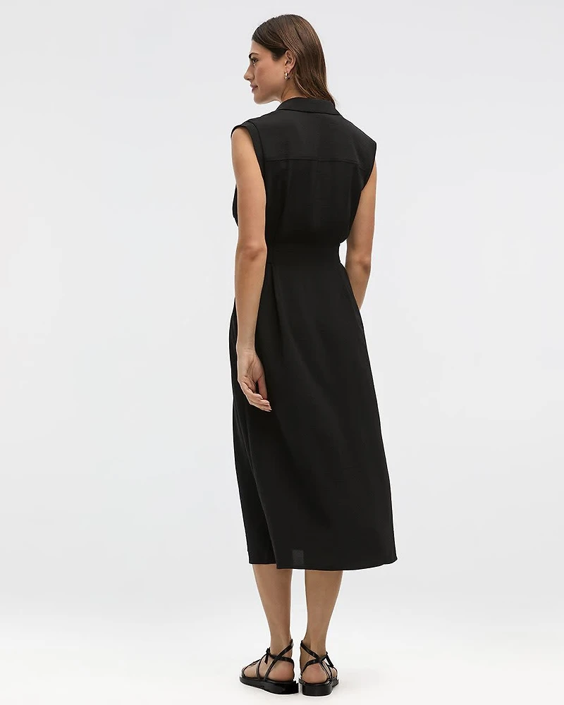 Cap-Sleeve Buttoned-Down Midi Dress with Cinched Waistband