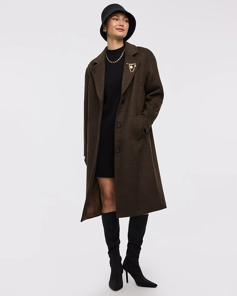 Loose Plaid Coat with Three-Button Closure