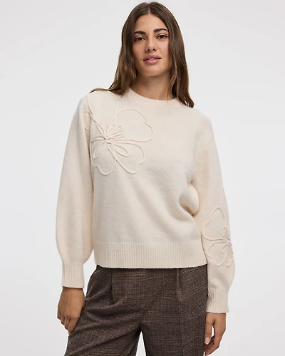 Long-Sleeve Crew-Neck Sweater with Soutache Flowers
