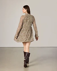 Chiffon Long-Sleeve Mock-Neck Mini Dress with Ruffles
