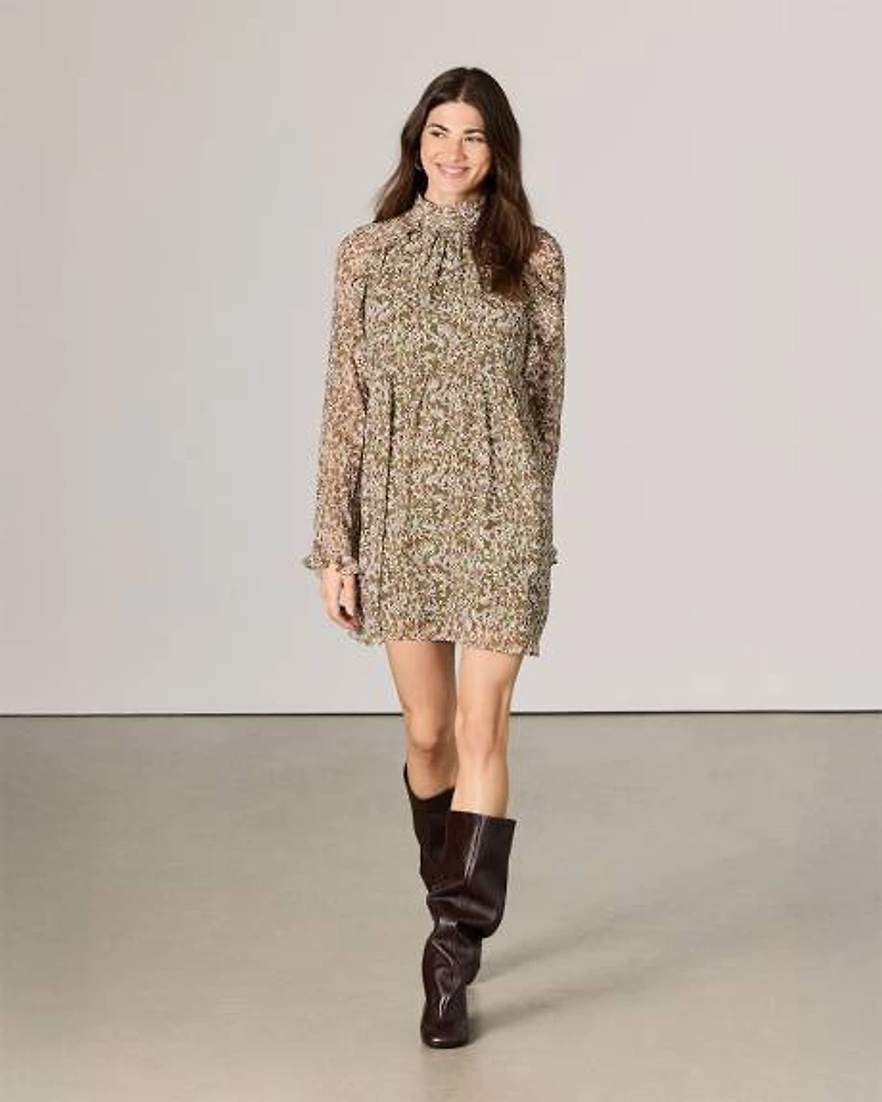 Chiffon Long-Sleeve Mock-Neck Mini Dress with Ruffles