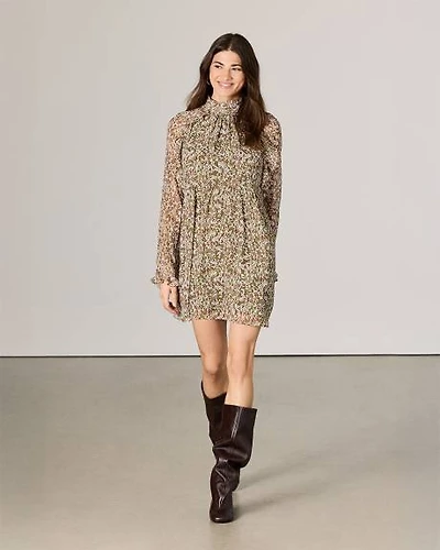 Chiffon Long-Sleeve Mock-Neck Mini Dress with Ruffles