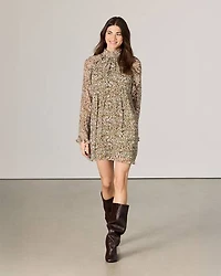 Chiffon Long-Sleeve Mock-Neck Mini Dress with Ruffles