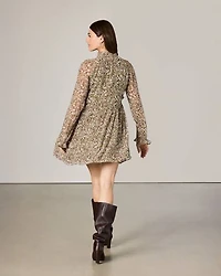 Chiffon Long-Sleeve Mock-Neck Mini Dress with Ruffles