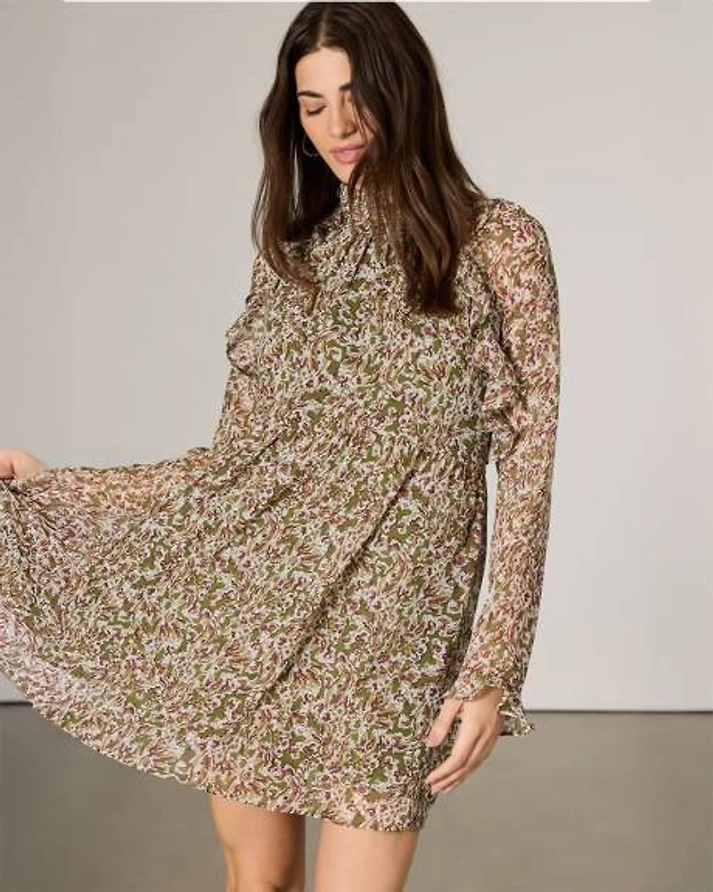 Chiffon Long-Sleeve Mock-Neck Mini Dress with Ruffles