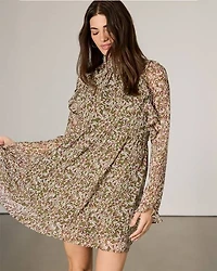 Chiffon Long-Sleeve Mock-Neck Mini Dress with Ruffles