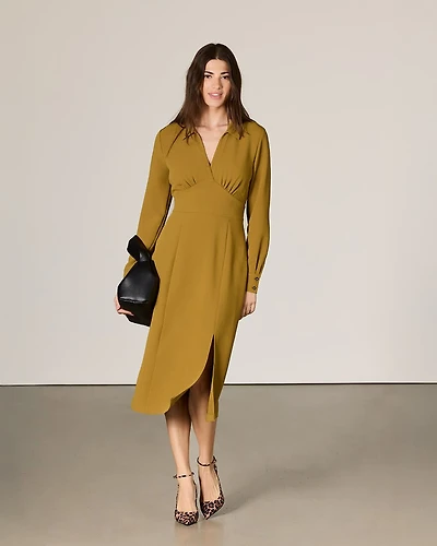 Long-Sleeve Shirt-Collar Fit-and-Flare Midi Dress