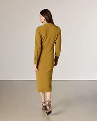Long-Sleeve Shirt-Collar Fit-and-Flare Midi Dress