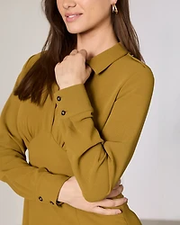 Long-Sleeve Shirt-Collar Fit-and-Flare Midi Dress