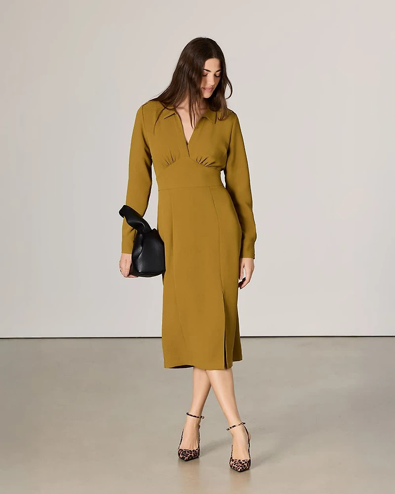 Long-Sleeve Shirt-Collar Fit-and-Flare Midi Dress