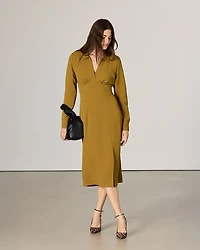 Long-Sleeve Shirt-Collar Fit-and-Flare Midi Dress