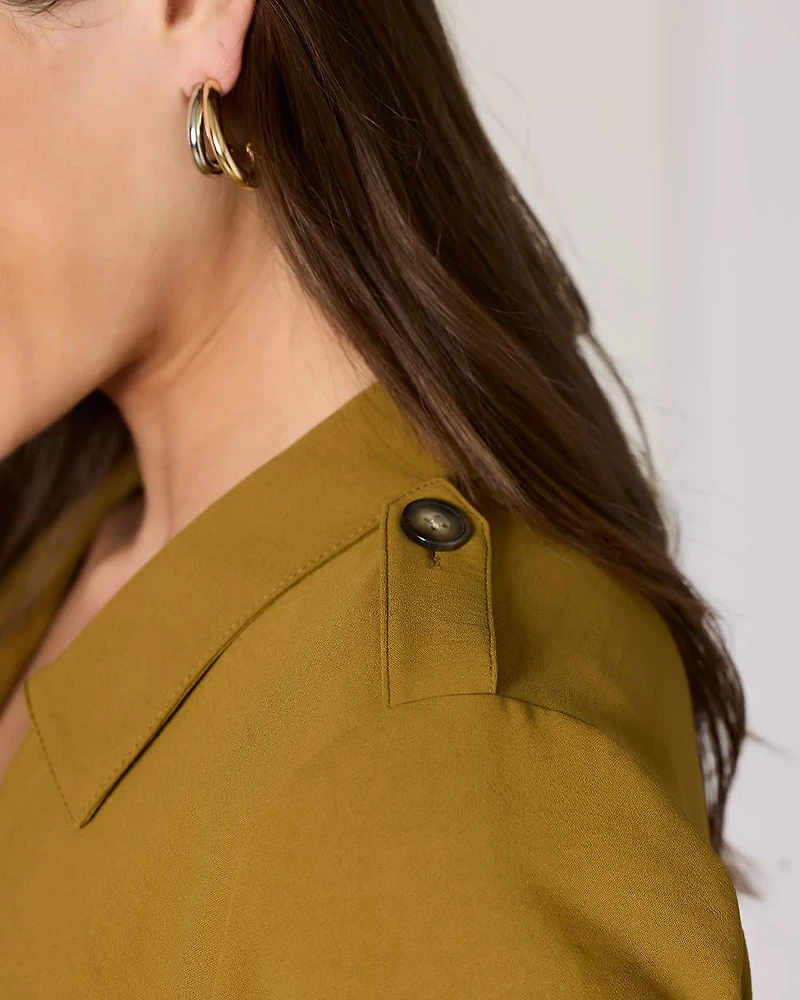 Long-Sleeve Shirt-Collar Fit-and-Flare Midi Dress