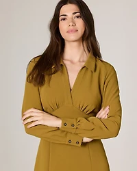Long-Sleeve Shirt-Collar Fit-and-Flare Midi Dress