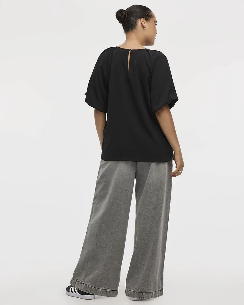 Short-Bubble-Sleeve Crew-Neck Blouse