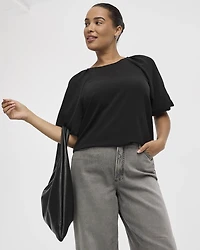 Short-Bubble-Sleeve Crew-Neck Blouse