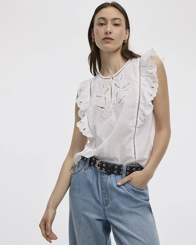 Extended-Sleeve Crew-Neck Blouse with Emboideries