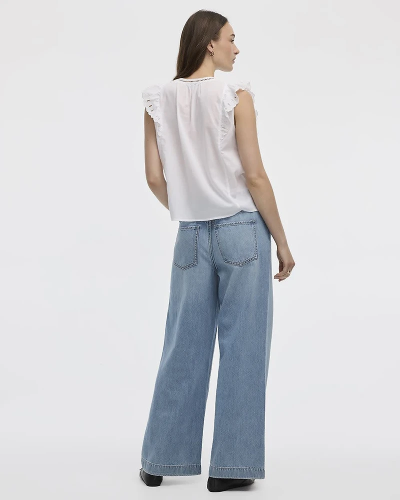 Extended-Sleeve Crew-Neck Blouse with Emboideries