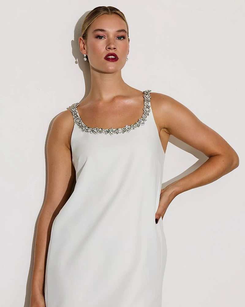 Sleeveless Scoop-Neck Mini Shift Dress with Rhinestones