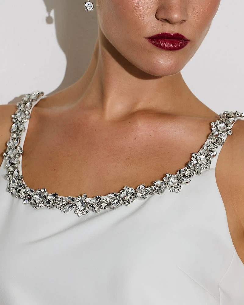 Sleeveless Scoop-Neck Mini Shift Dress with Rhinestones