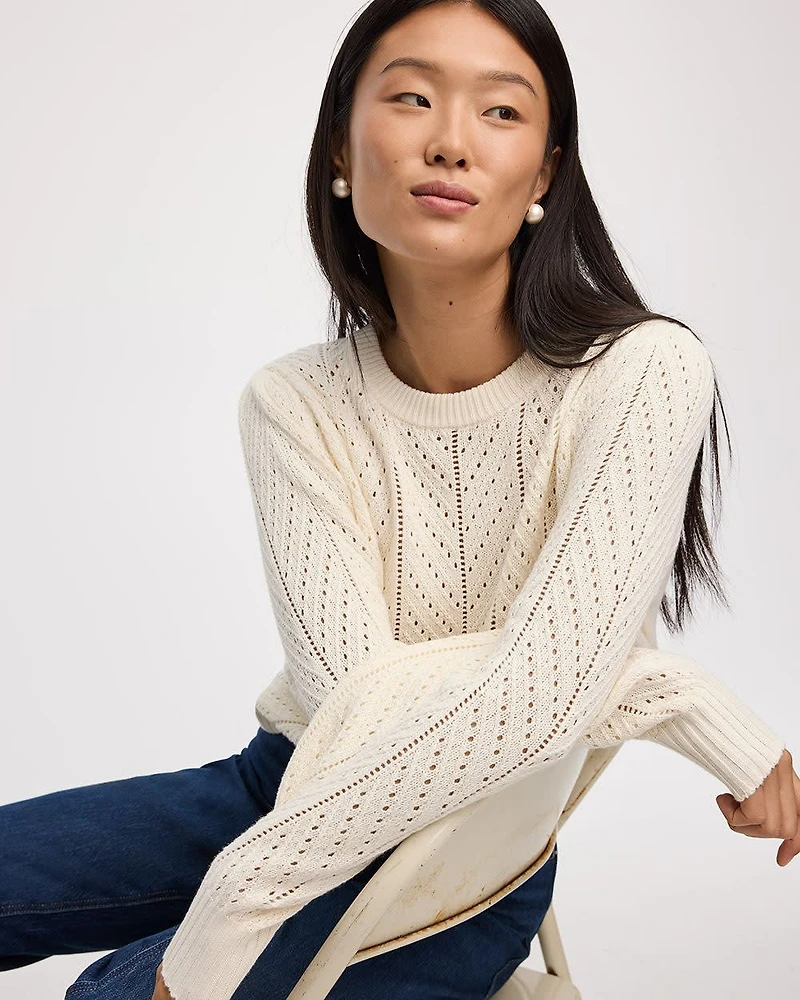 Long-Balloon-Sleeve Crew-Neck Pointelle Sweater