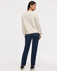 Long-Balloon-Sleeve Crew-Neck Pointelle Sweater