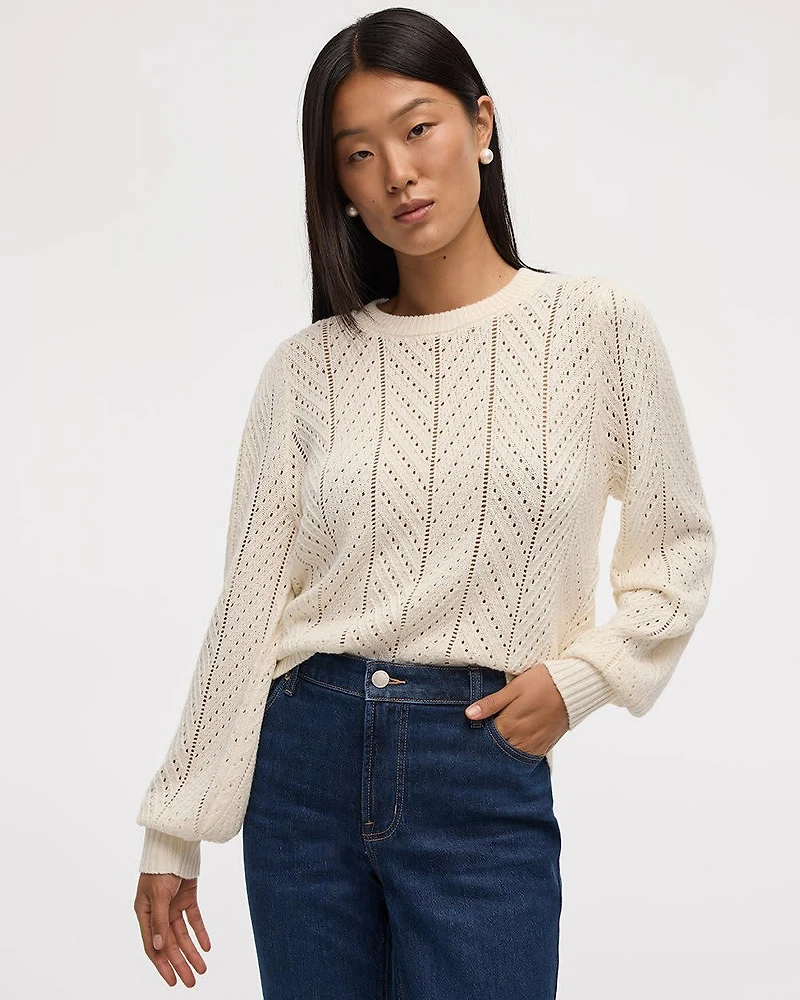 Long-Balloon-Sleeve Crew-Neck Pointelle Sweater