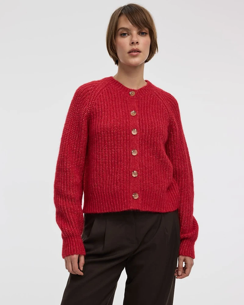 Long-Balloon-Sleeve Crew-Neck Cardigan