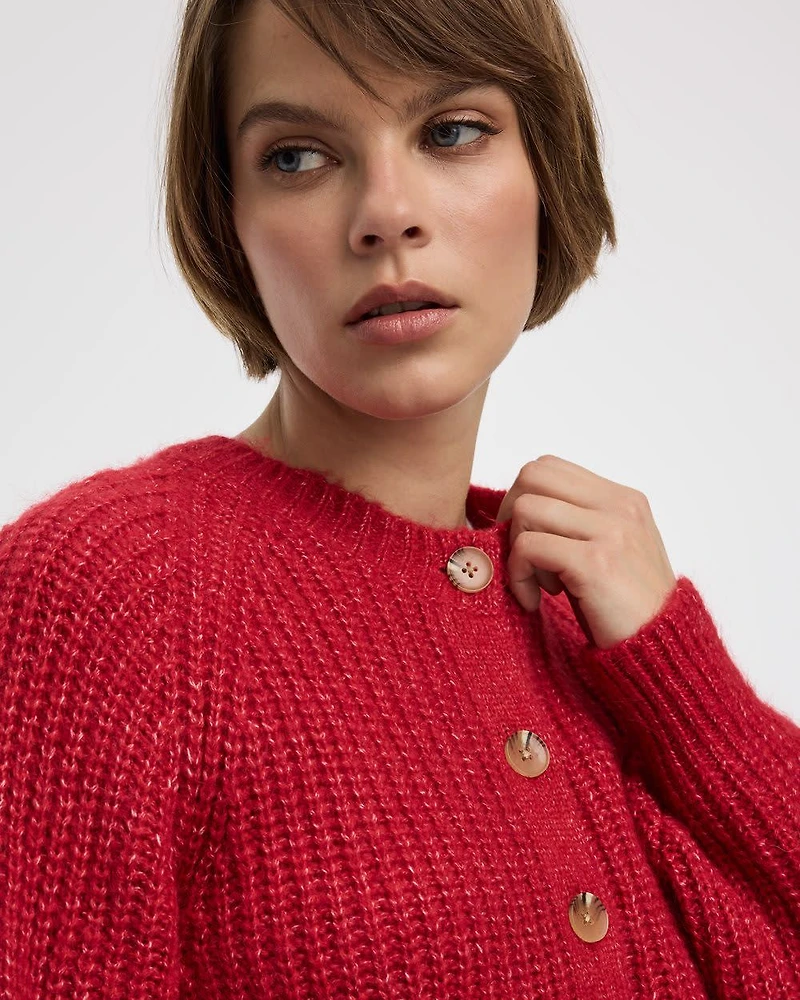 Long-Balloon-Sleeve Crew-Neck Cardigan