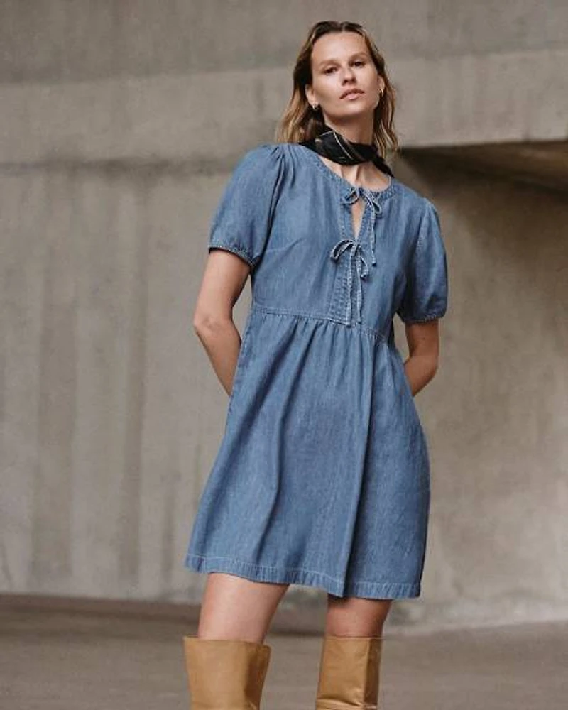 Crew-Neck Denim Mini Dress with Elbow Puffy Sleeves