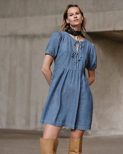 Crew-Neck Denim Mini Dress with Elbow Puffy Sleeves