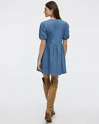 Crew-Neck Denim Mini Dress with Elbow Puffy Sleeves