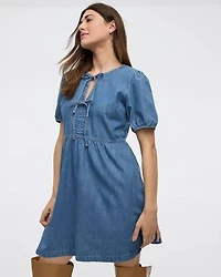 Crew-Neck Denim Mini Dress with Elbow Puffy Sleeves