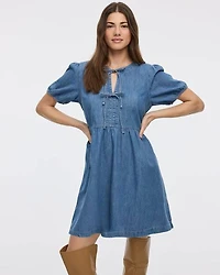 Crew-Neck Denim Mini Dress with Elbow Puffy Sleeves