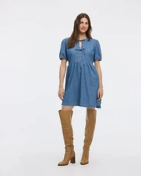 Crew-Neck Denim Mini Dress with Elbow Puffy Sleeves