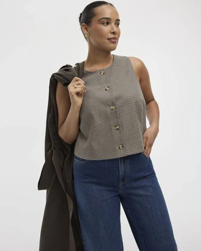 Veste sans manches à col rond motif pied-de-poule