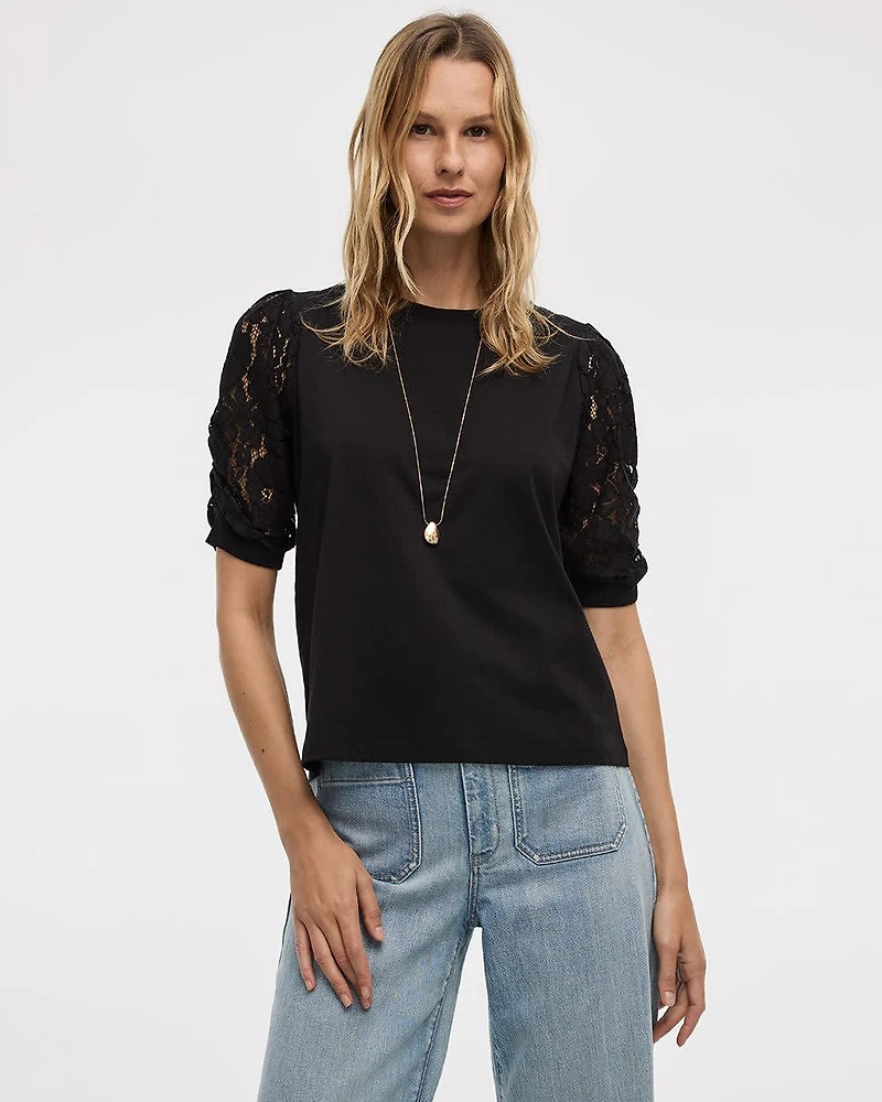 Crew-Neck Mix-Media T-Shirt with Puffy Elbow Sleeves