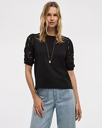 Crew-Neck Mix-Media T-Shirt with Puffy Elbow Sleeves