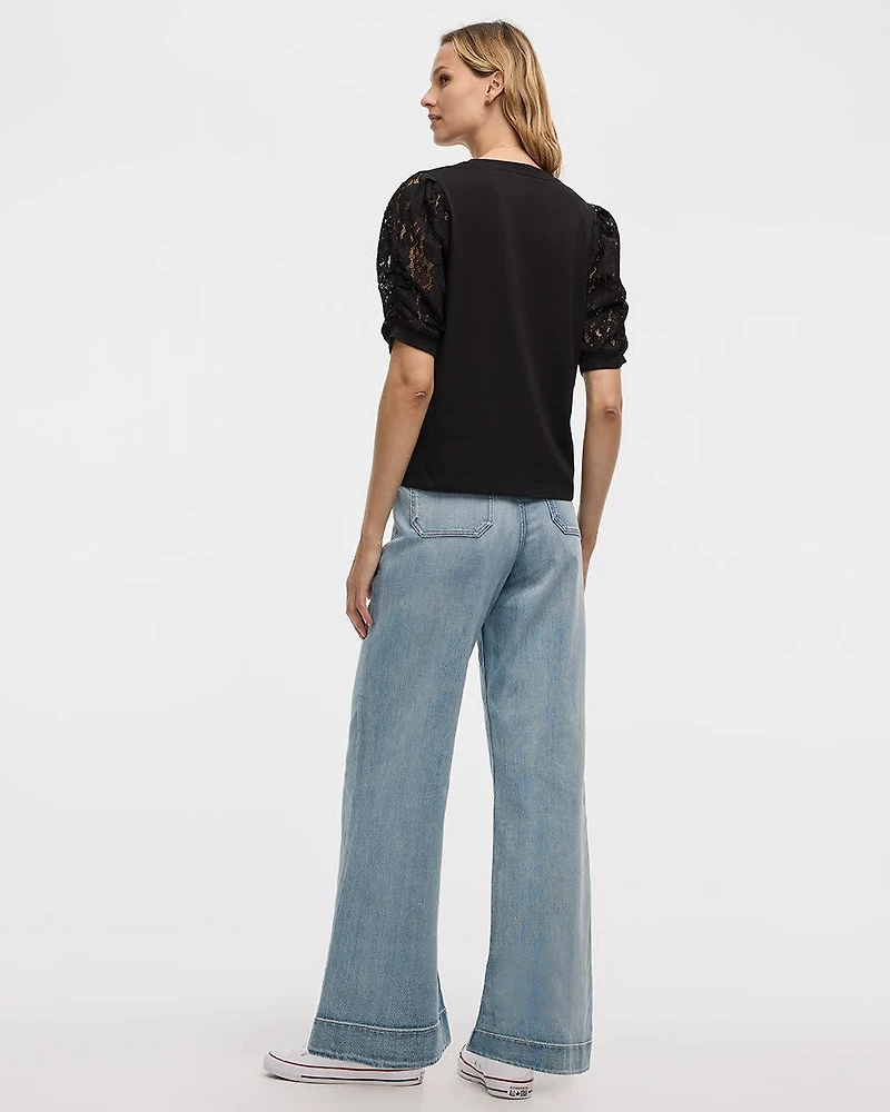 Crew-Neck Mix-Media T-Shirt with Puffy Elbow Sleeves