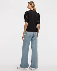 Crew-Neck Mix-Media T-Shirt with Puffy Elbow Sleeves