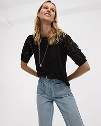 Crew-Neck Mix-Media T-Shirt with Puffy Elbow Sleeves