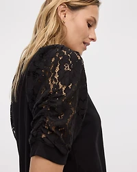 Crew-Neck Mix-Media T-Shirt with Puffy Elbow Sleeves